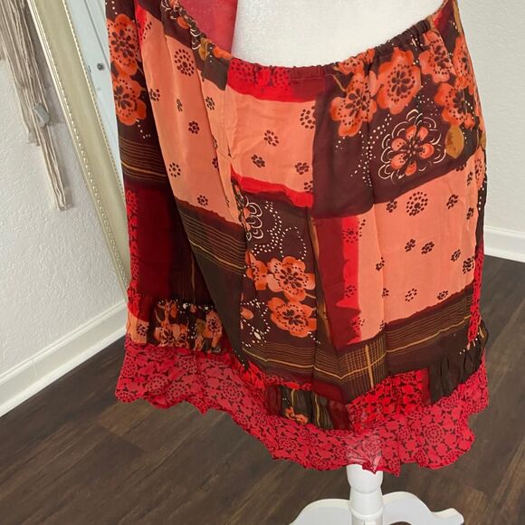 Orange Brown Red Fairy Floral Patchwork Silk Midi Skirt Plus Size 18 W - Picture 5 of 6